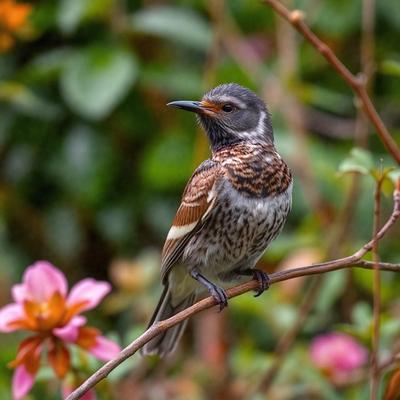 The primary subject of the image is a small bird perched on a branch. The bird is brown and white, and it appears to be looking at the camera. The setting is a garden, with a pink flower visible in the foreground. The visual style is a close-up of the bird on the branch, creating a sense of intimacy and focus on the subject. The colors in the image are predominantly shades of brown and pink, which contribute to a warm and natural atmosphere.